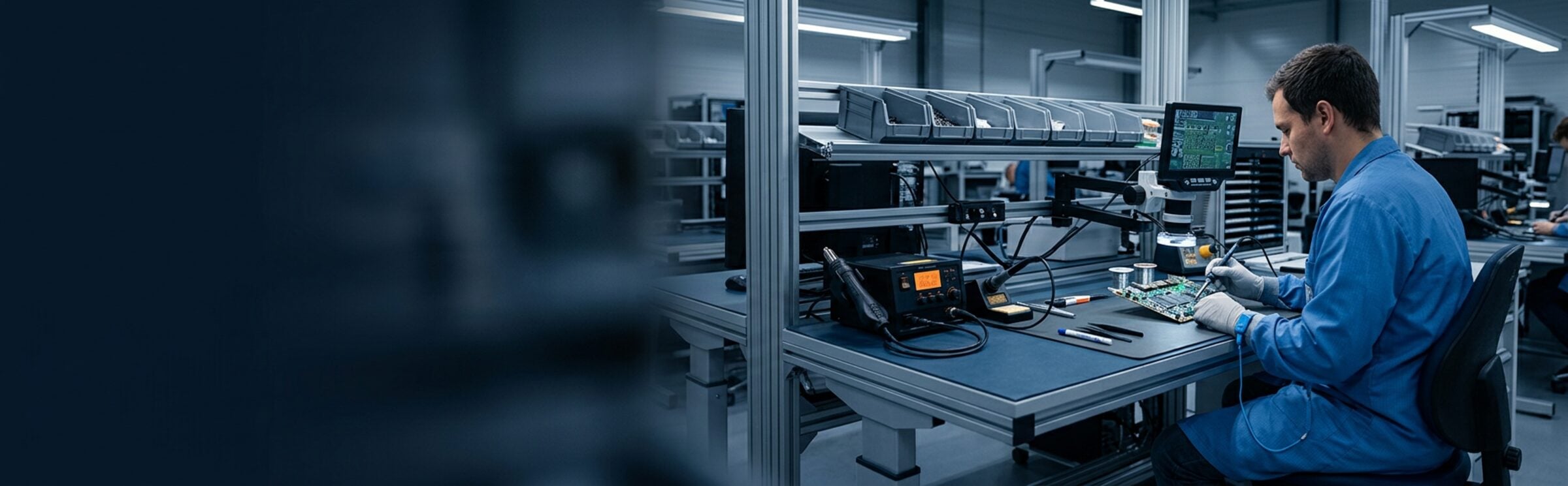 ESD-geschützter Elektronik-Arbeitsplatz mit Lötstation, Inspektionsmikroskop und ableitfähiger Tischplatte